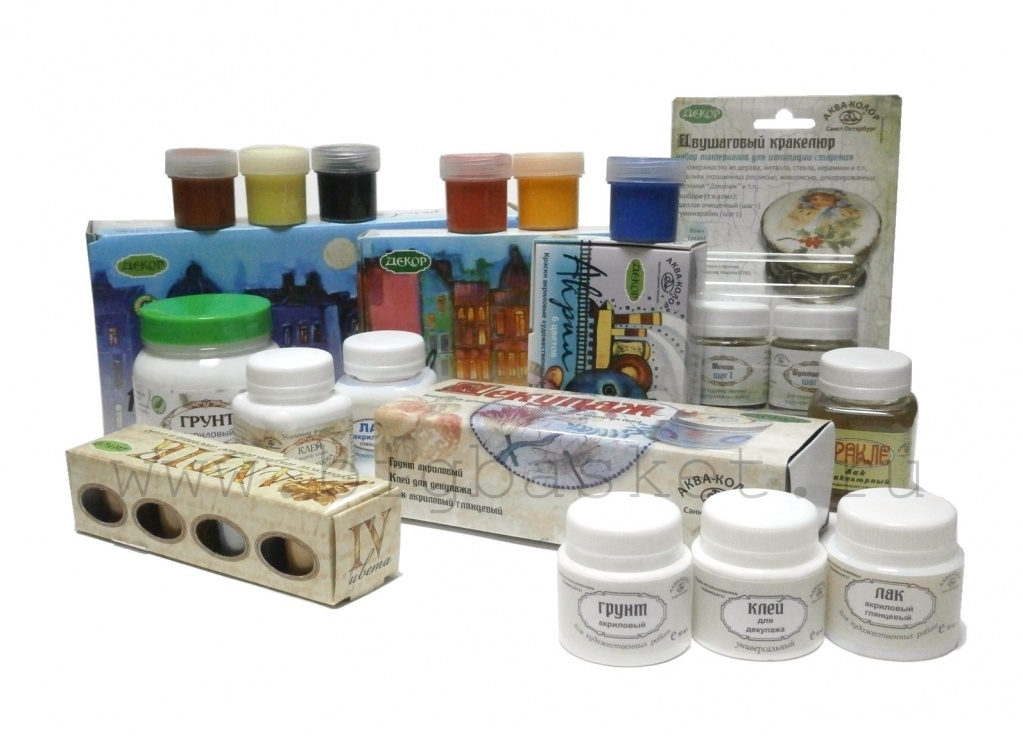 акриловые краски, клей для декупажа, кракелюрный лак, двухшаговый кракелюр, акриловый лак, акриловый грунт